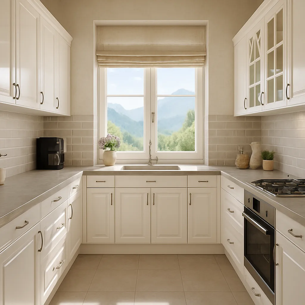Klasická bílá kuchyně s kazetovými dvířky a výhledem do hor – elegantní venkovský styl s moderními prvky.