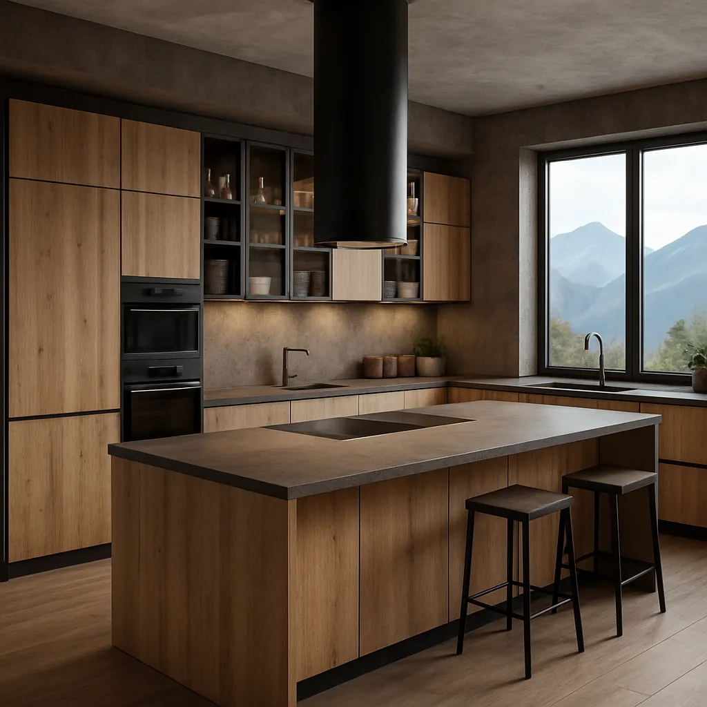 Tmavá kuchyň s ostrůvkem v industriálním stylu, s dřevěnými dekory a černými prvky – luxusní interiér pro náročné.