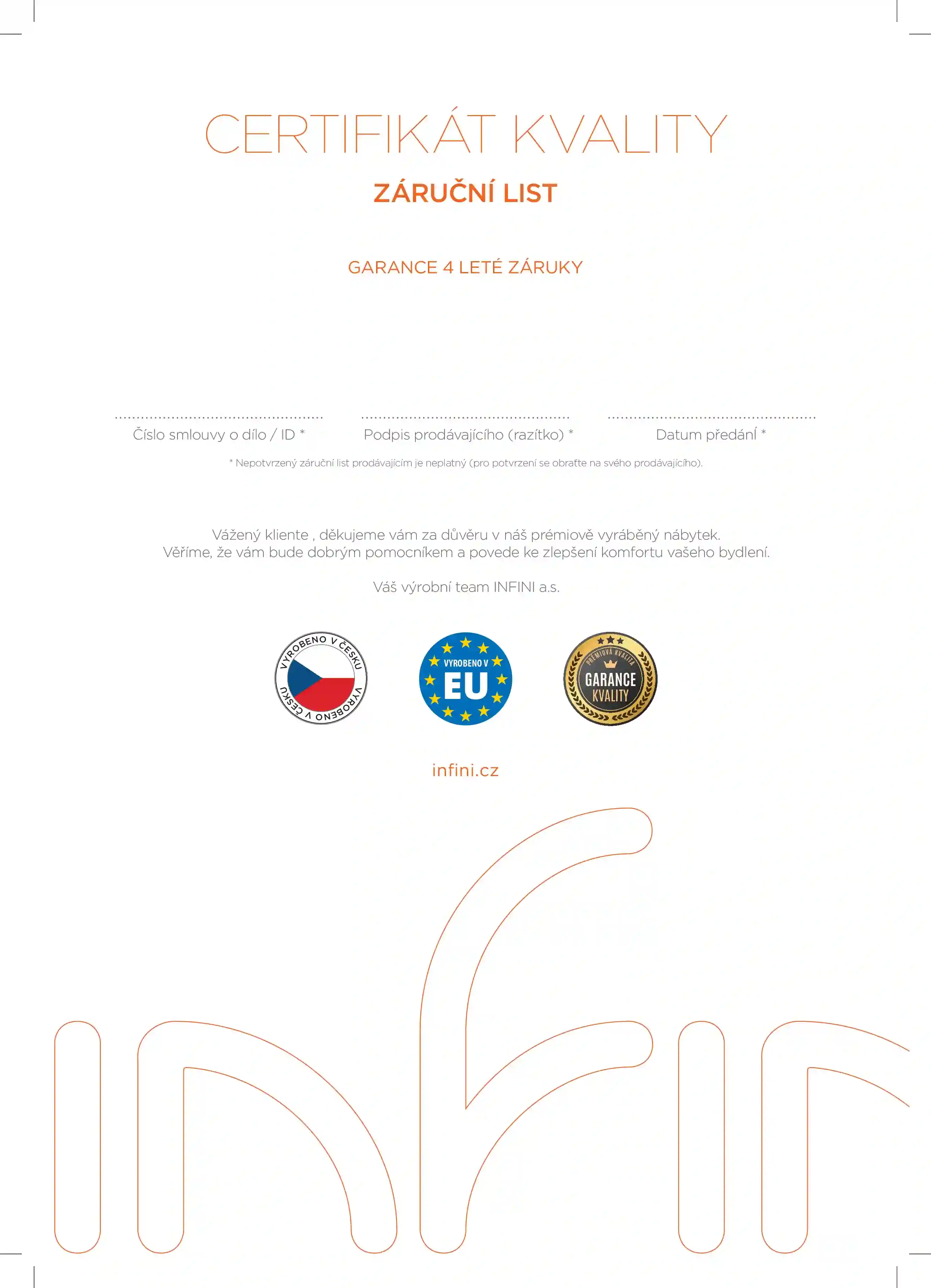Certifikát kvality INFINI